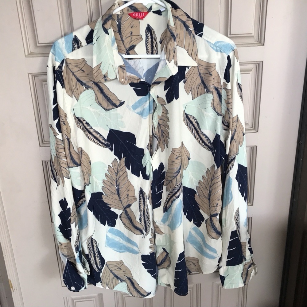 VTG Guess SzXL Fall Buttonup Ladies Long Sleeve Blouse Rayon No Buttons